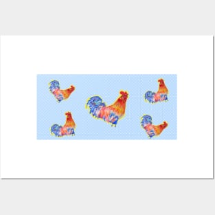 Rooster Chicken Funny Watercolor Blue Polka Dot Posters and Art